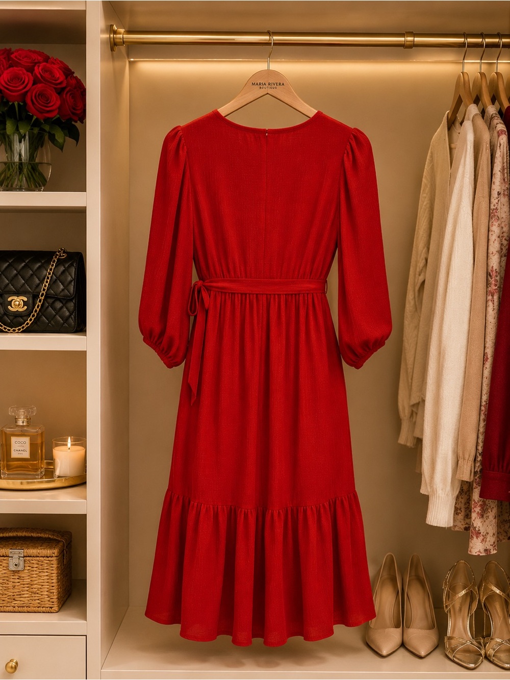 Max Studio Red Wrap Midi Dress with Tie Waist - Picture 2 of 4